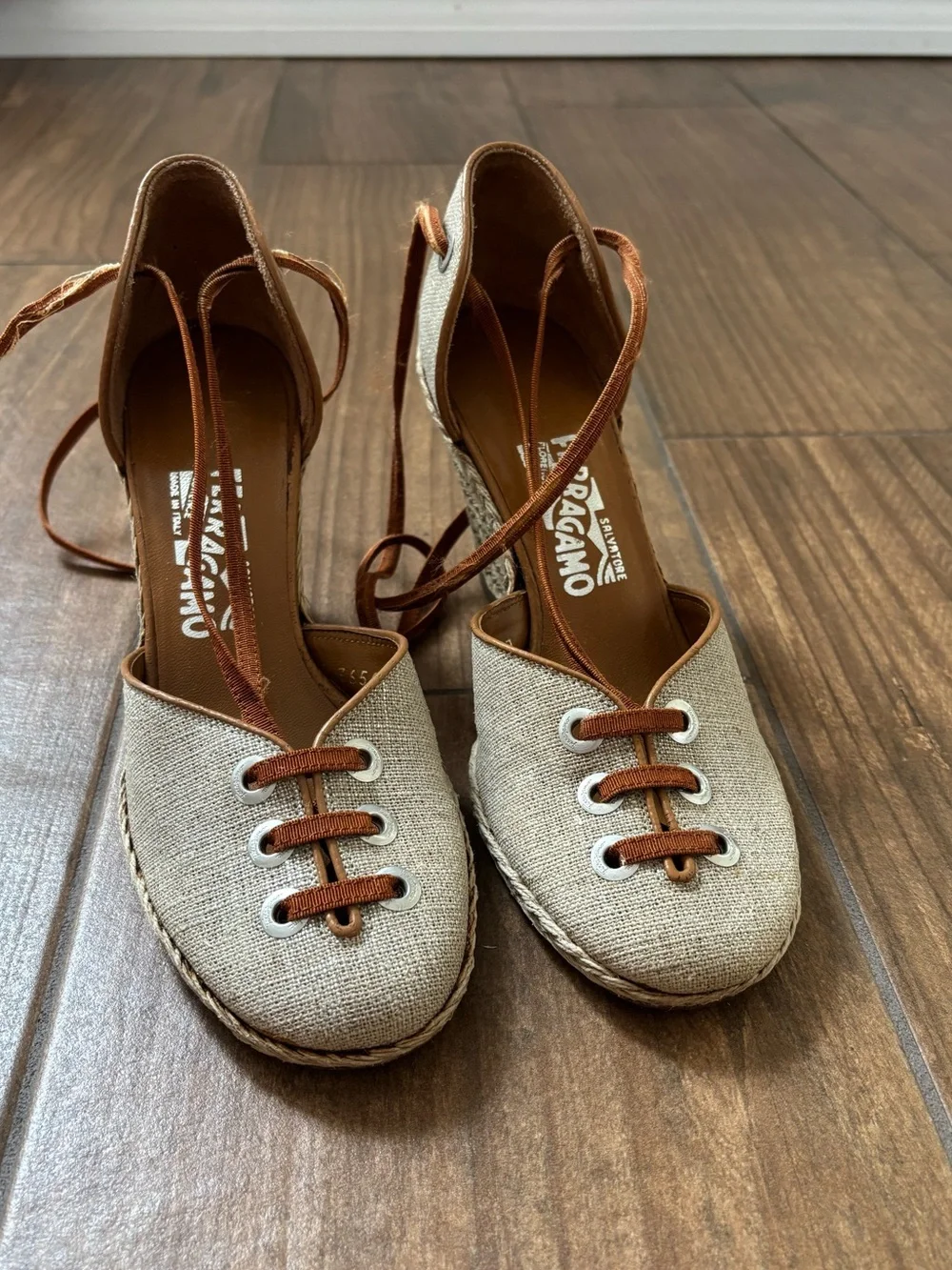 Salvatore Ferragamo Jute Fabric and Leather Espadrille Wedge Pumps Size 8